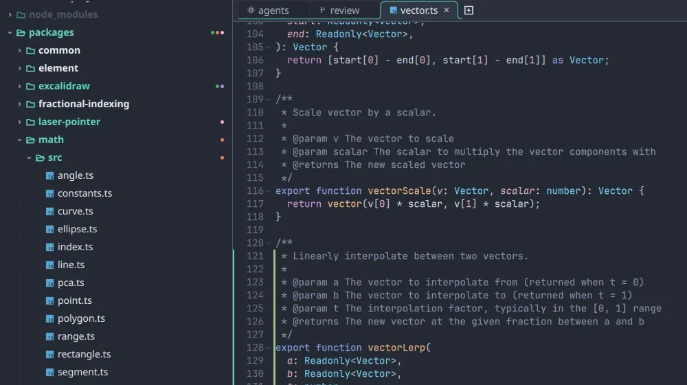 The file tree beside an editor showing a TypeScript file with a change bar in the gutter.