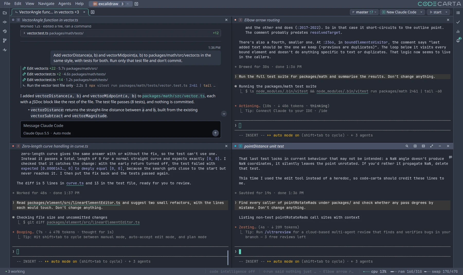 Four Claude Code agents in a two by two grid in one Code Carta window, all in one checkout of Excalidraw. One, shown as a conversation, has added two vector functions with tests, each edit listed with the lines it added. The other three are working in their terminals: running the math package's tests, suggesting refactors, and checking every caller of a rotation helper.