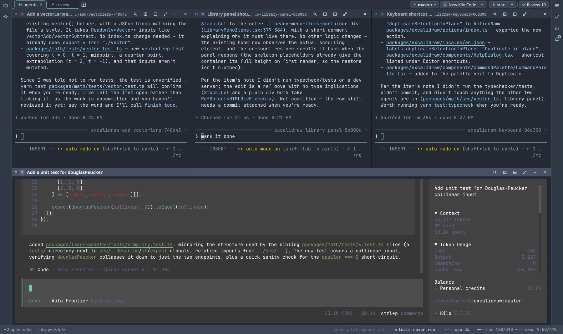 Four coding agents in one Code Carta window, three finishing todos and one writing a test, all in one checkout.