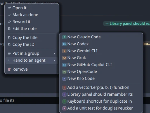 The row menu on a todo, open on Hand to an agent, listing Claude Code, Codex, Gemini CLI, Grok, GitHub Copilot CLI, OpenCode, Kilo Code, and the four agents already running.
