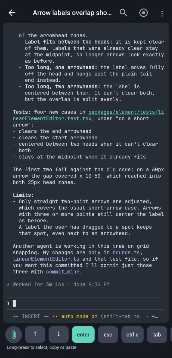 Claude Code on the phone, done fixing arrow labels in Excalidraw: four new tests, and a note that another agent is working in the tree on grid snapping, so it will commit only its own three files with commit_mine.