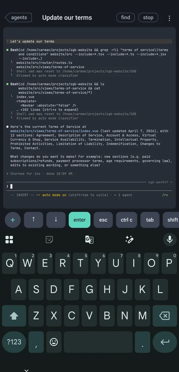 An agent's conversation on the phone, with a row of terminal keys above the keyboard: plus, arrows, enter, escape, ctrl-c, tab, shift.