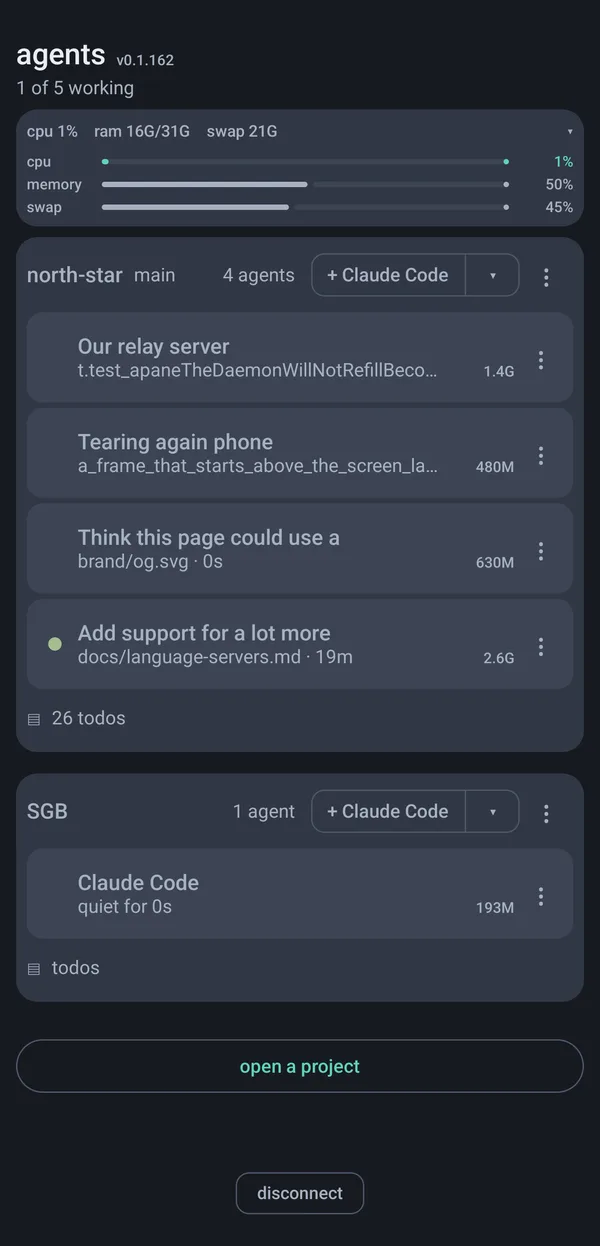 The phone app's agents screen: the machine's CPU, memory and swap, then two projects with their agents, each agent's memory beside it, and a button to add a Claude Code agent to either.