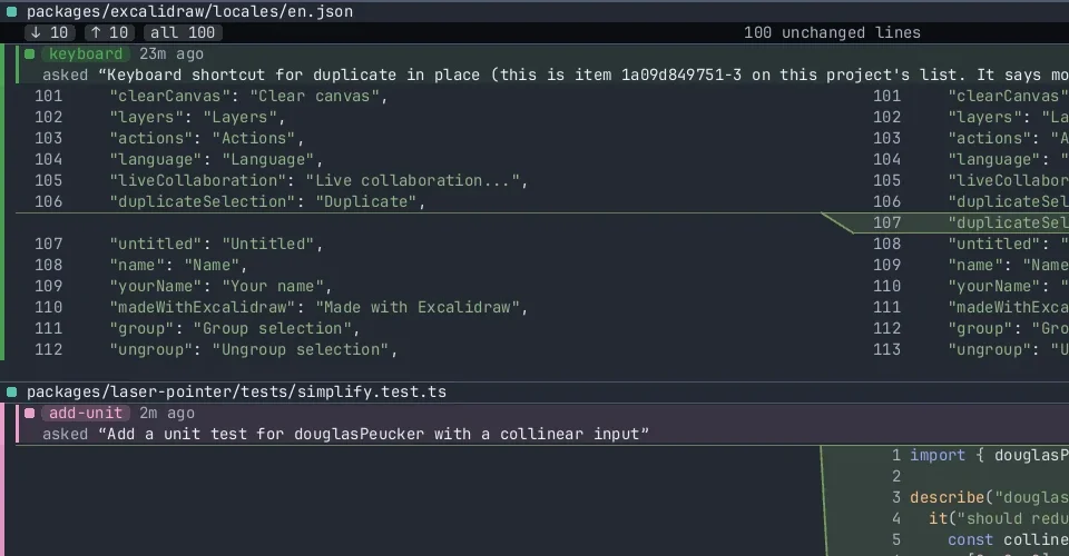 Code Carta's review showing changes across several files, each one labelled with the agent that made it and the words it was asked.