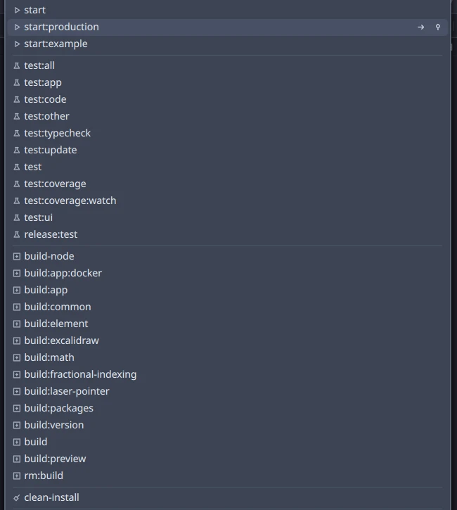 The task menu on the Excalidraw repo, its package.json scripts grouped into start, test, build and clean, with run and pin buttons on the highlighted one.