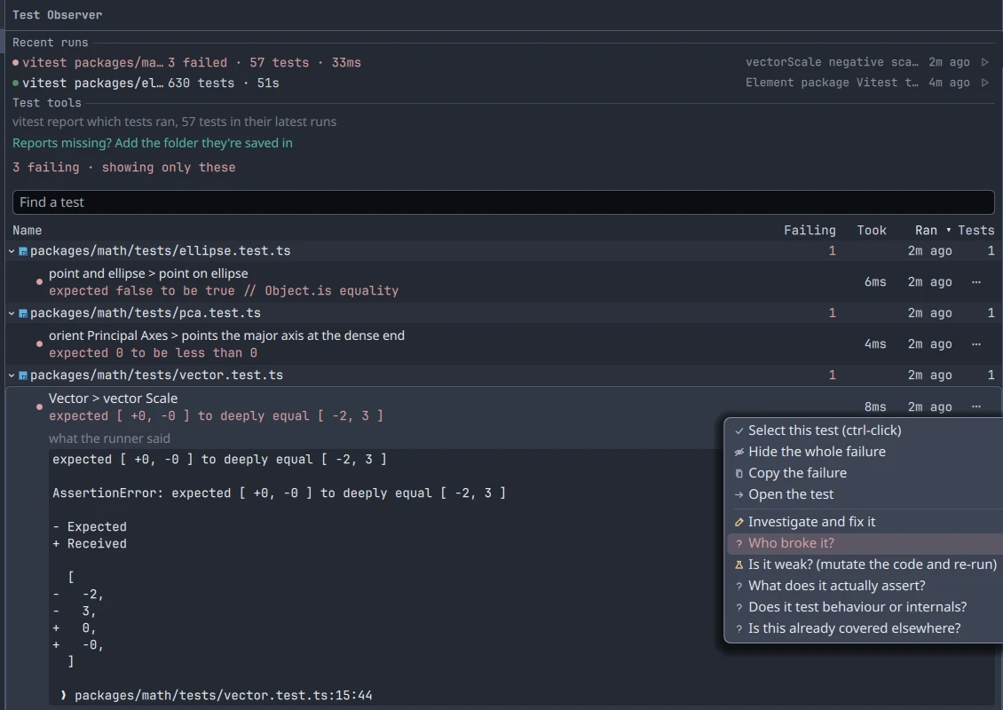 The Tests panel on the Excalidraw repo: two recent runs, each named for the agent that ran it, three failing tests with one failure open in full, and the menu of questions for an agent: who broke it, is it weak, what does it actually assert.