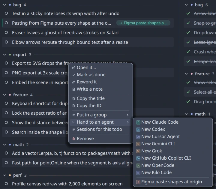 A todo's menu open on Hand to an agent, listing New Claude Code, Codex, Cursor Agent, Gemini CLI, Grok, GitHub Copilot CLI, OpenCode and Kilo Code, plus the Claude Code agent already running, over the grouped todos.